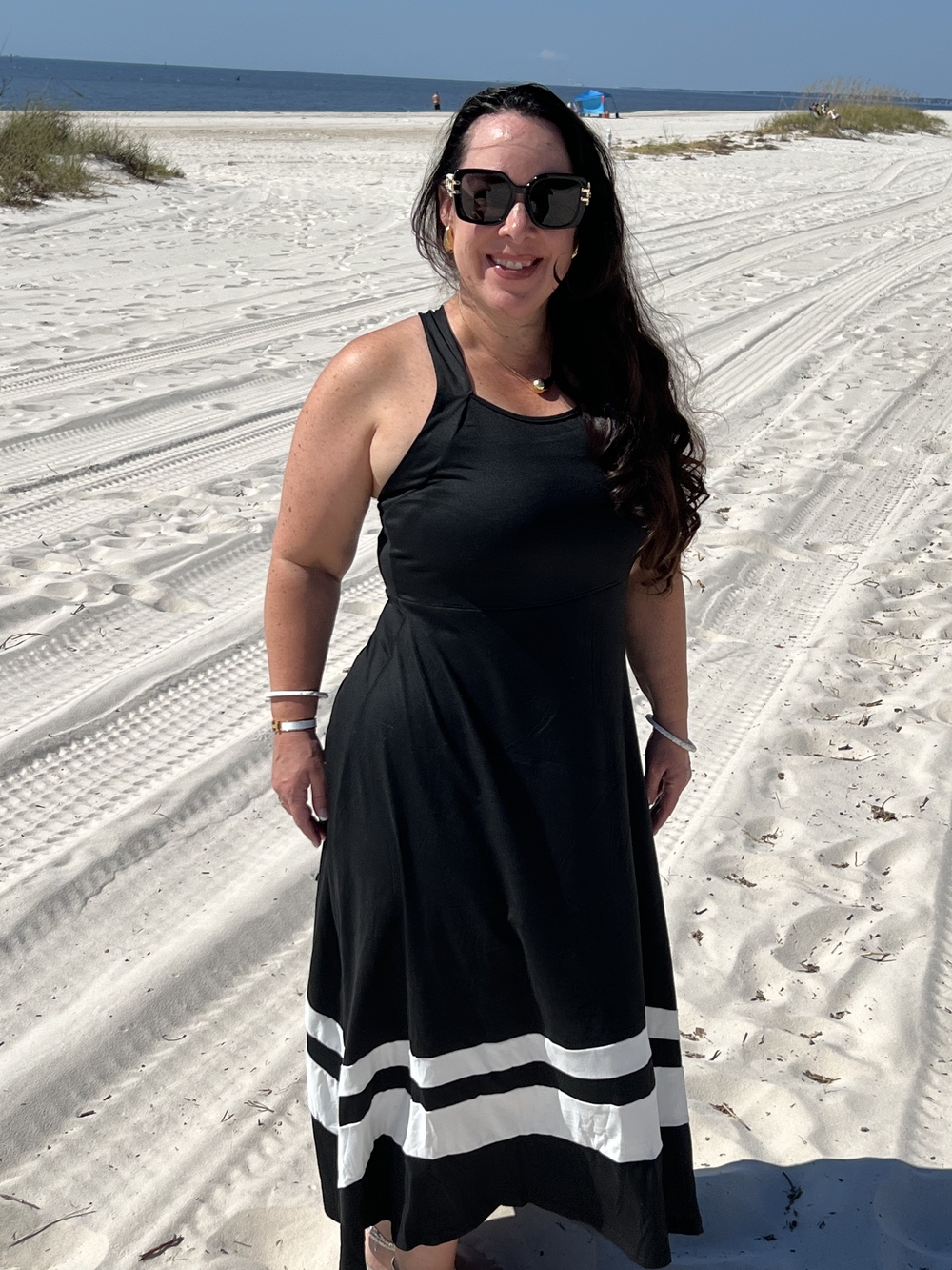 Black Maxi Dress with White Stripe Hem - Women's Sleeveless Dress